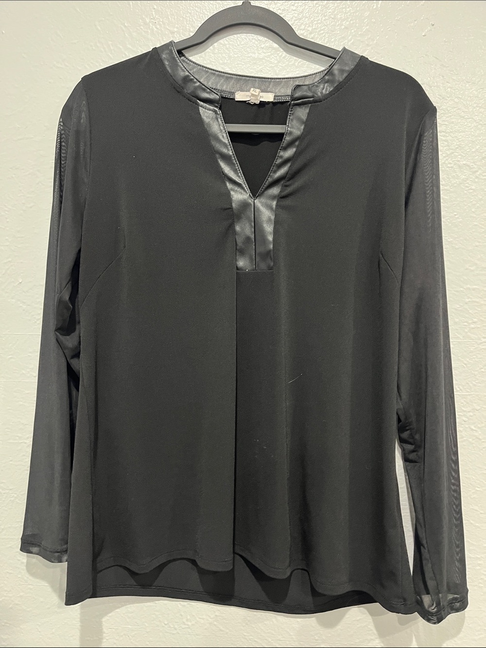 Maurices Black Long-Sleeve V-Neck Blouse with Faux Leather Trim